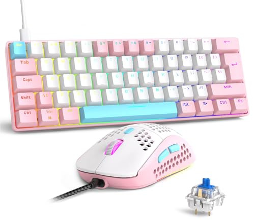 SELORSS RK-T60 Ensemble clavier et souris de jeu mécanique filaire portable avec rétro-éclairage arc-en-ciel 62 touches NKRO 6400 DPI RVB Honeycomb Souris Câble aviateur spiralé pour PS4/PC/WIN Gamer