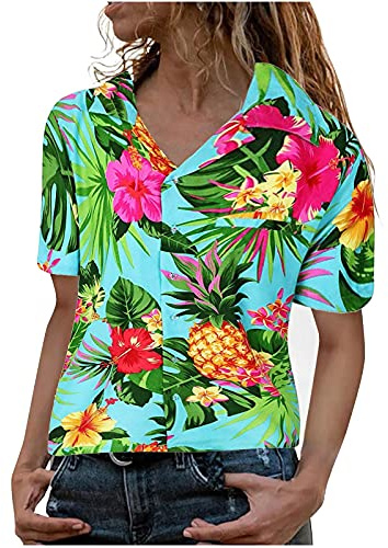 Hawaii skjorta dam – t-shirt dam med tryck Hawaii-blus Hawaii-skjorta damer kortärmad framficka Hawaii-tryck små blommor kortärmad enkelknäppt skjortor med nedvikbar krage fritidsskjortor/festliga
