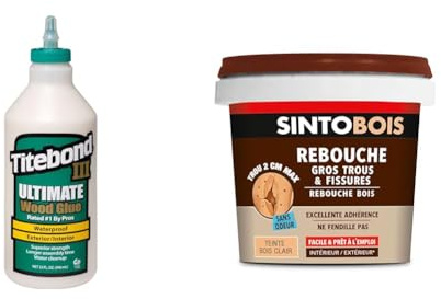 Titebond Ultimate 141/5 Colle à bois (943 ml) pour l'intérieur et l'extérieur, résistance maximale & Sinto Rebouche Bois pour Gros Trous et Fissures Bois Clair - 500 g - Facile et Prêt à l’Emploi