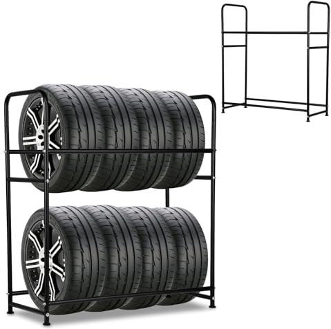Ollewiellan 1x Reifenregal für 8 Reifen, 107 x 46 x 117cm Reifenständer Ladekapazität 180kg 2 Schichtenn Höhenverstellung, Lagerregale mit Reifenschutzhülle für Garage Keller Werkstatt