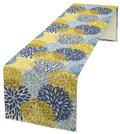 Dahlia Flower Table Runner Abstract Boho Yellow Blue Floral Art Printed Dinner Runner for Home Party Kitchen Dining Table Decor Fabric 1 Panel W13xL36in