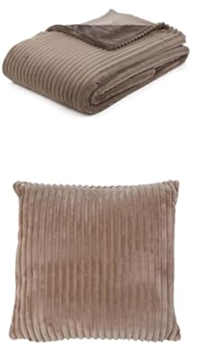 Gözze Cord Optik Wohndecke und 2er Set Cord-Kissen, 150x200 cm + 50x50 cm, Farbe: Taupe