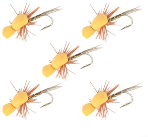 DystopiaWorld Fly Fishing Bait Assortment 5x Floating Dry Flies For Trout, Bass, Catfish Foam Body High Visibility (yellow)