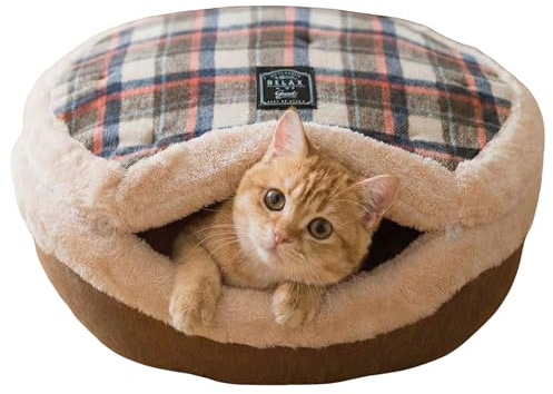 Cat Bed Cave– Enclosed Self Warming Hideaway with Detachable Lid & Mat, Covered House for Indoor Kitten & Kitty (Brown)