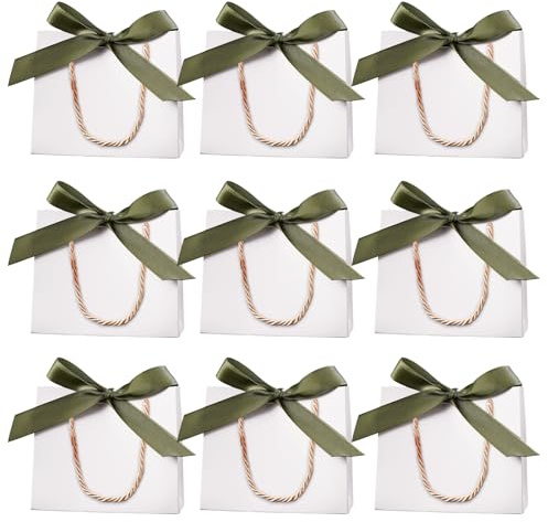 10 Stück kleine Weiß Geschenktüten mit Schleifen und Henkel, 14× 6× 12 cm Weiß Partytüten kleine Geschenktasche Mini-Party-Gunsttüten für Geburtstag, Hochzeit(Grün Schleifen)