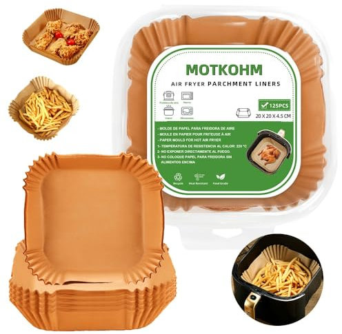 PAPEL para Freidora de Aire MOTKOHM 125 Piezas, Molde Air Fryer cuadrado 20x20x4,5 cm, Accesorios Freidora de Aire sin Aceite 5/8L