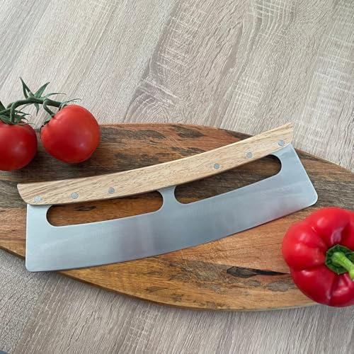 Profi Pizzaschneider, Pizzamesser 35 cm - Extrascharfe Klinge, mit Holzgriff und Klingenschutz, Pizzacutter, Pizzaroller, Wiegemesser,