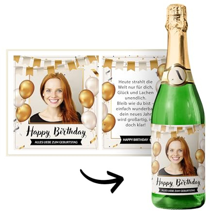 Flaschenetiketten Geburtstag selbst gestalten – Set mit 2 Stickern (Vorder- & Rückseite) – personalisierbar mit Foto & Text – für Wein/Sekt – wasserfest – DIY Geschenk – WIMPEL CREME