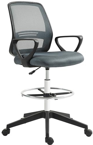 Vinsetto Bürostuhl Ergonomischer Schreibtischstuhl mit Armlehnen Grau | Verstellbarer Fußring, Höhenverstellbarer Drehstuhl, Netzbespannung