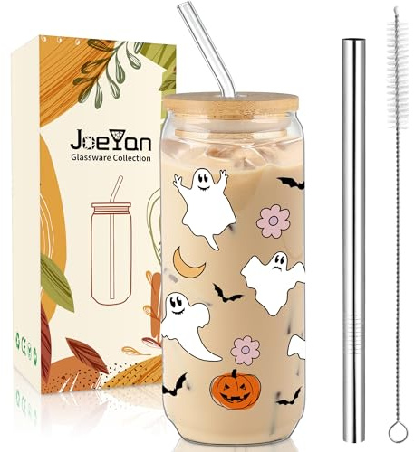 Joeyan 600ml Vasos Halloween de Cristal con Tapa y Pajita,20oz Vasos de Vidrio de Fantasmas de Calabaza,Tazas para Matcha,Café,Smoothie,Bubble Tea,Cerveza,Regalo Decoración Fiesta Para Amigos Colegas