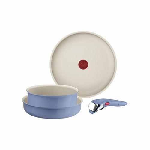 Tefal Ingenio Serenity L829S404 Kochgeschirr, 4-teilig, Standard, Antihaftbeschichtung, sicherer abnehmbarer Griff, stapelbares Design, Blue Salt
