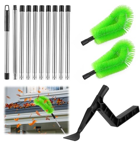 Nettoyeur de gouttière 2 en 1 de 390 cm, avec brosse et cuillère de nettoyage, télescopique réglable, avec long manche, idéal pour le nettoyage des gouttières, le nettoyage des gouttières
