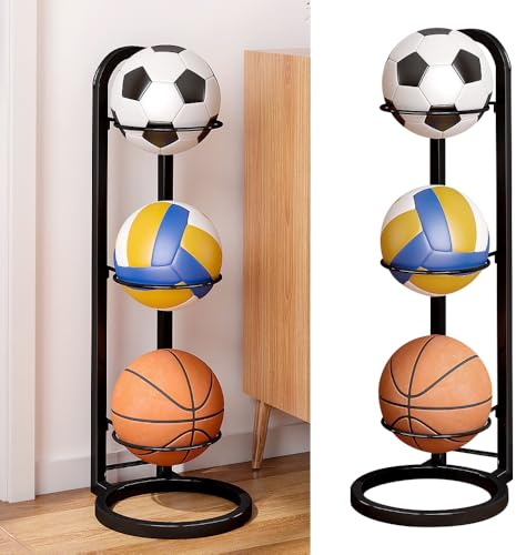 Kleemeiero Soporte para Balones de Baloncesto, Soporte Pelota Baloncesto Vertical de 3 Niveles, Estante de Bolas de Metal, Estante de Almacenamiento de Pelotas para Baloncesto, Fútbol y Voleibol