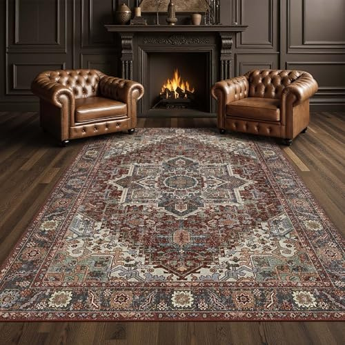 Kokia 8x10 Maroon Moody Area Rugs with Vintage Orient Design, Soft Washable Rug for Living Room or Bedroom, Non-Slip Low Pile Stain Resistance Features, Medallion Pattern