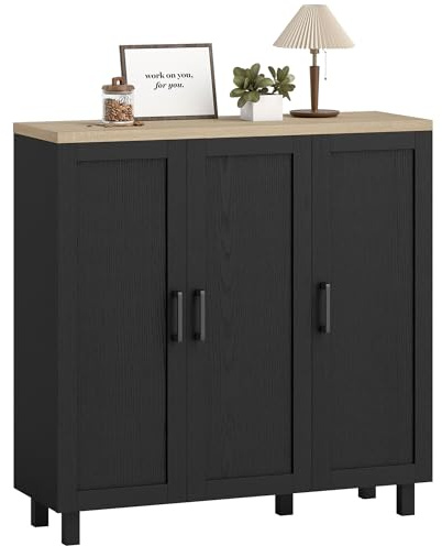 HOMCOM Aparador de 3 Puertas Mueble Auxiliar de Cocina 90x30x90 cm Negro