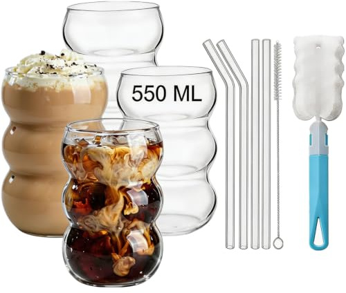 unbholkk 4er Set 550ml Bubble Gläs, Matcha GläSer, Latte Macchiato GläSer Mit Henkel Und LöFfel, Cocktailgläser, Eiskaffeegläser FüR, Wasser, Saft, Bier, UniversalgläSer (Transparent)