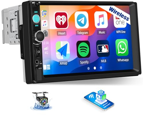 OiLiehu Single Din Car Stereo with Wireless CarPlay Android Auto, 7 Car Radio with Touchscreen, MP5 Multimedia Player with Mirror Link, Bluetooth, FM, USB, AUX, EQ, TF-Port, SWC, Backup Camera