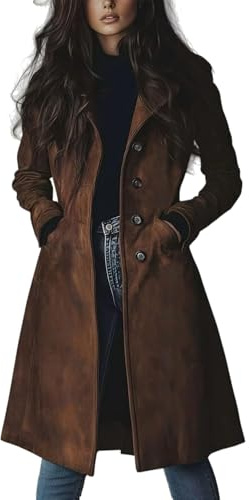 Vintage Coats for Women, Faux Suede Jacket, Women Lapel Single Breasted Long Trench Coat, Fall Winter Overcoat with Pocket (Brown,M)