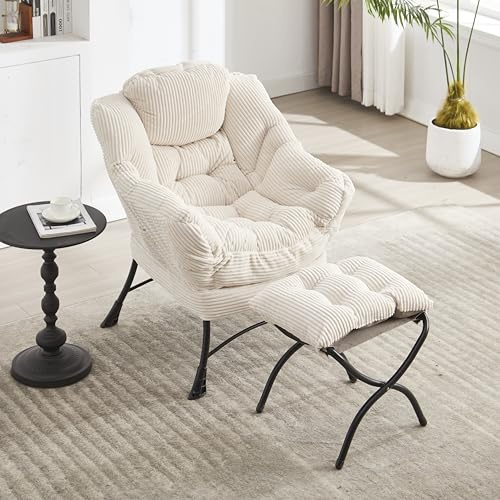 vutizal Fåtölj med pall | Öronfåtölj med fotstöd och sidoficka | XXL relaxfåtölj, loungefåtölj för vardagsrum och sovrum | bekväm stoppad fåtölj med armstöd, vit