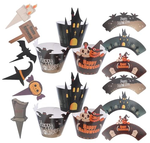 DOITOOL Décorations pour Cupcakes Halloween 48 Pcs Caissettes Citrouille et Fantôme, Décorations de Gâteaux Effrayantes pour Fête D’halloween, Accessoires Papier Multicolores