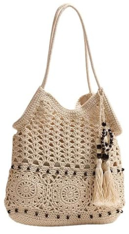Generisch Umhängetasche Damen Neue gewebte Schultertasche mit großem Fassungsvermögen, ausgehöhlte Strohtasche im Stil einer Strandtasche, vielseitige Schultertasche (Beige, One Size)