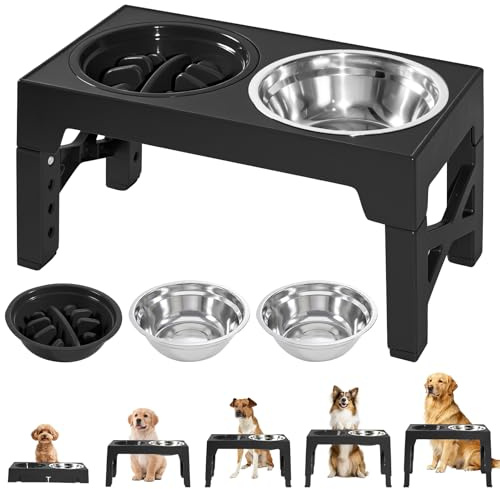 Raised Dog Bowls, Elevated Dog Bowl Stand with 5 Heights Adjustable, Slow Feeder and 2 Stainless Steel Bowls for Small Medium Large Dogs and Pets, Non-Slip Feeding Station, Black