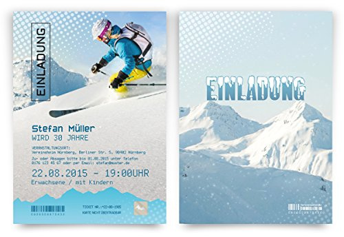 Kartenmachen.de Einladungskarten zum Geburtstag (10 Stück) als Skipass Apres Ski fahren Schnee Berge Pass