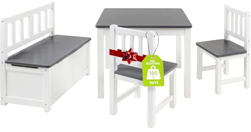 Bomi Kindersitzgruppe Anna mit integrierter Spielzeugkiste | Kinderzimmer-Set inkl. Kindertisch mit 2 Stühlen & Kindertruhenbank | Kindermöbel aus FSC nachhaltigem Kiefern Massiv Holz | Weiß Grau