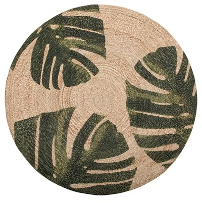 Runder Teppich Beige aus Jute Monstera Muster in Grün ⌀ 140 cm Boho Stil Incik
