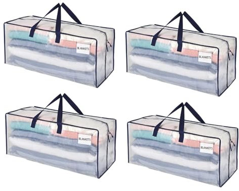 VENO Lot de 4 Sac Rangement Vêtements grand, Sacs Déménagement Pliable avec Sangles de Sac à Dos et Poignées Solides, Alternatives aux Cartons de Déménagement (Transparent, Lot de 4)