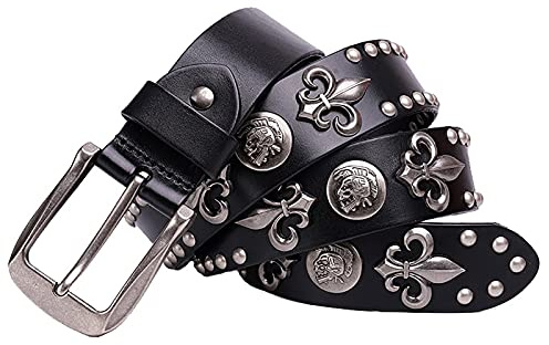 Nietengürtel Gürtel mit Totenkopf und Rundnieten im Vintage Style, echtem Leder für Damen und Herren,Ledergürtel kürzbar,Schwarz,120cm(40~42)