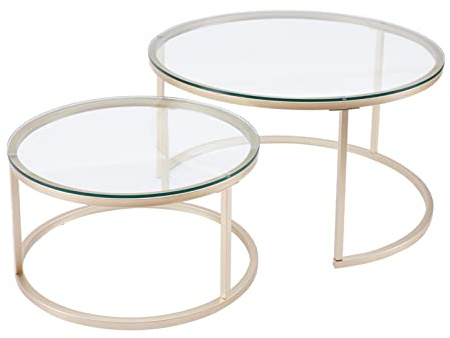 Soayone Couchtisch 2er Set, Couchtisch Gold Glas mit Metallgestell Beistelltisch rund für Balkon Couch Tisch mit Kleiner Tisch Wohnzimmer, Gold Glasplatte