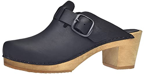 Sanita Malulo Clog | Original handgemacht | Leder-Holzclogs für Damen | Verstellbarer Riemen | Schwarz | 35 EU