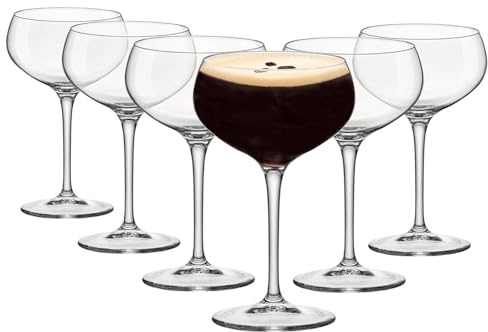 Bormioli Rocco Bartender Espresso Martini Glasses - Italian Prosecco Sparkling Wine Coupe Saucer Glasses - 305ml - Clear - Pack of 6