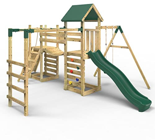 Rebo® Double Tower Climbing Frame with Flexible Bridge, Swing and Slide - Arvon | OutdoorToys | Kids' Outdoor Wooden Garden Play Equipment, Children's Jungle Gym