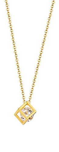 Epinki Halskette Damen Vintage, Edelstahl Hohl Würfel Anhänger Rolokette, Damen Gold Ketten mit Zirkonia, 46 CM