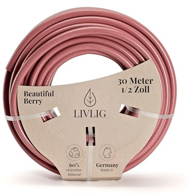 LIVLIG Gartenschlauch 30m, Gartenschlauch 1/2 Zoll Made in Germany, Wasserschlauch 30m aus recyceltem PVC, formstabil, Farbe: Beere
