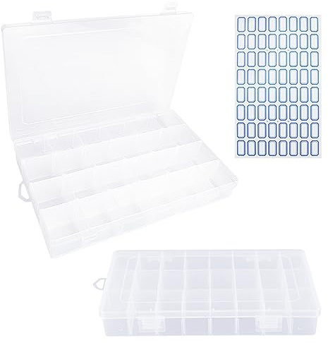 Sortierboxen für Kleinteile 2 Stück Sortimentskasten Leer Aufbewahrungsbox Klein Plastik mit 24 Fächer Einstellbar und 1 Etikett Transparent Sortierbox für Perlen Ohrringen Schrauben Büromaterial