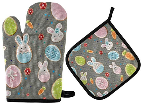 Ofenhandschuhe Niedliche Haseneier, Lustige Osterkaninchen Kochhandschuhe Anti-Rutsch Topfhandschuhe Hitzeresistente Grillhandschuhe Für Backen Kochen Mikrowelle
