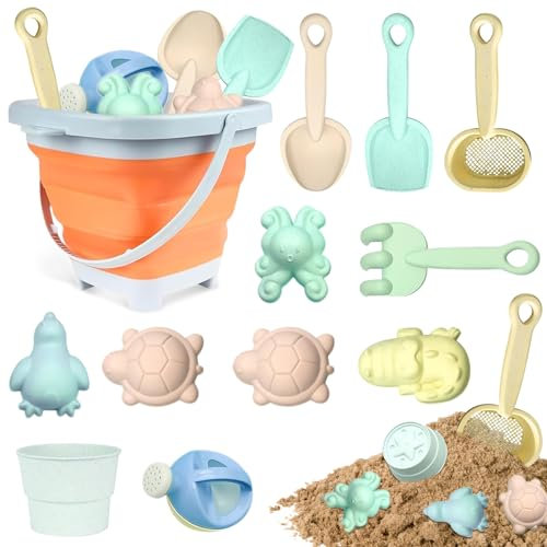 11pcs Sandspielzeu Set,Sandspielzeug Kinder,Sandkasten Spielzeug,sandspielzeug Eimer,silikon sandspielzeug,mit Faltbarer Eimer, Schaufel, Sandharke, Sandförmchen, Für Kinder Jungen Mädchen (Orange)