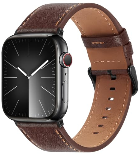 Bisikor Compatible with Apple Watch Strap 49mm 46mm 45mm 44mm 42mm(Series 3/2/1) Genuine Leather Wristband Replacement Strap for iWatch Ultra SE Series 11 10 9 8 7 6 5 4 3 2 1 (Retro Brown)