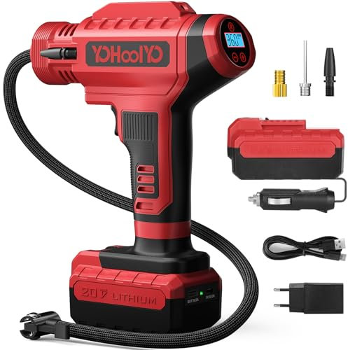 YOHOOLYO Cordless Tyre Inflator Air Compressor 150PSI（10.5Bar） and 12 Volt DC Car Tyre Pump Powered Portable Handheld Pump Car Motorcycles Bicycles (Red, 150 PSI)