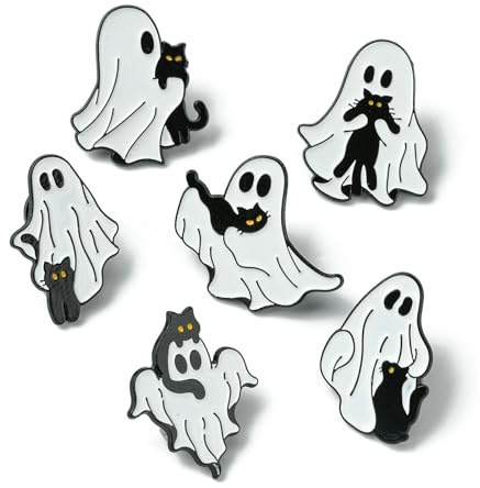 Airssory Lot de 6 broches en alliage émaillé 6 styles de fantôme avec chat noir pour Halloween, vêtements, pulls, sacs, travaux manuels, décoration