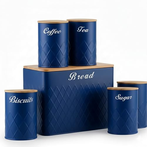 SG Traders 6pc Kitchen Storage Set with Airtight Bamboo Lids Includes Tea Coffee Sugar Nuts with Biscuit Barrel Canister Jar & Stylish Bread Bin – Diamond Embossed Design Matt Finish (Royal Blue)