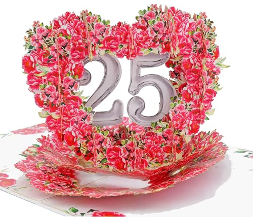 Favour Pop Up Elegante 3D Glückwunschkarte zur Silberhochzeit, ideal für Geldgeschenk 25. Hochzeitstag, herzförmiges Rosenmotiv, handgefertigt, Überraschung XP920