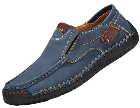 Herren-Schlupfschuhe, Hausschuhe, leicht, bequem, atmungsaktiv, koreanische Version der handgefertigten Sojabohnen-Lederschuhe, 2024, blau, 48 EU