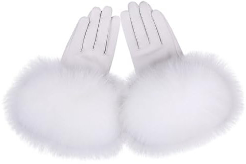 Damen-Handschuhe aus echtem Lammfell mit Manschette für den Winter, warm, mit Fleece gefüttert, Weiß, Größe L