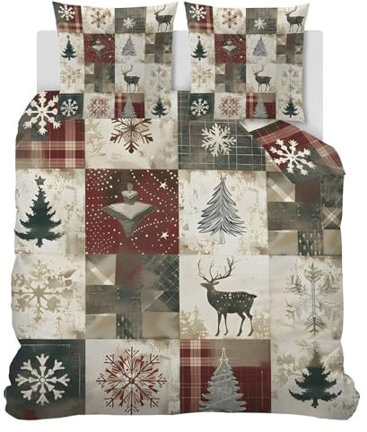 CCZM Winter Bettwäsche 135x200 Weihnachts-Patchwork - Weihnachts Bettbezug 135 x 200 mit 2 Kissenbezüge 80x80 cm, Retro-Rentier Wendebettwäsche, Microfaser Bettwäsche mit Reißverschluss, J-393