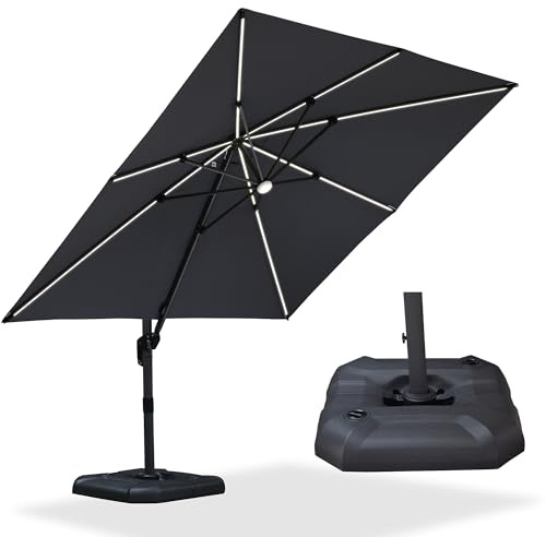 PURPLE LEAF Sombrilla Terraza Exterior 3 x 3 m con Luz LED y Base, Parasol de Aluminio con Protección UV 50+, Manivela, Inclinable y Rotación 360° para Jardin Piscina Patio, Gris claro
