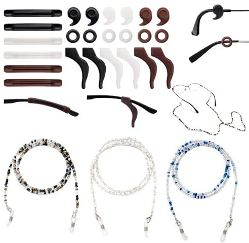ZENGSING 3 Stück Brillenkette mit 12 Paar Brillenhaltern Brillenkette für Frauen Silikon Brillenbügelhalter Brillenbügelgriffe Brillen Zubehör Kette für Brillen um den Hals (Set B)